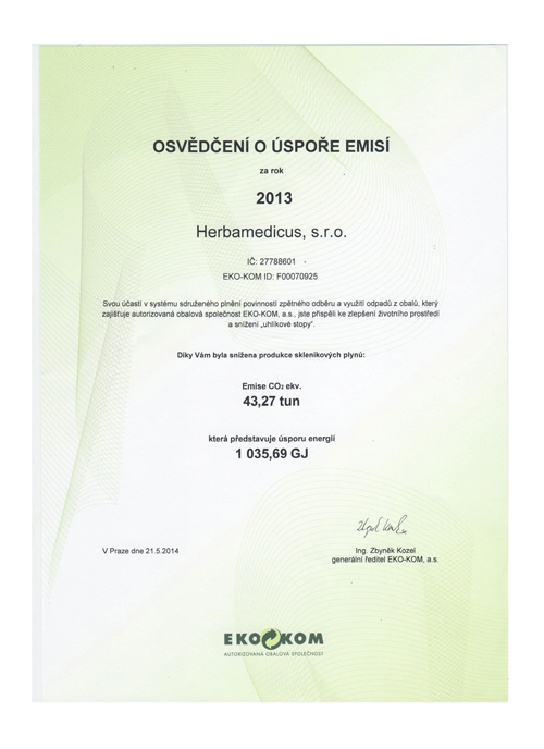 Certificate of emission savings